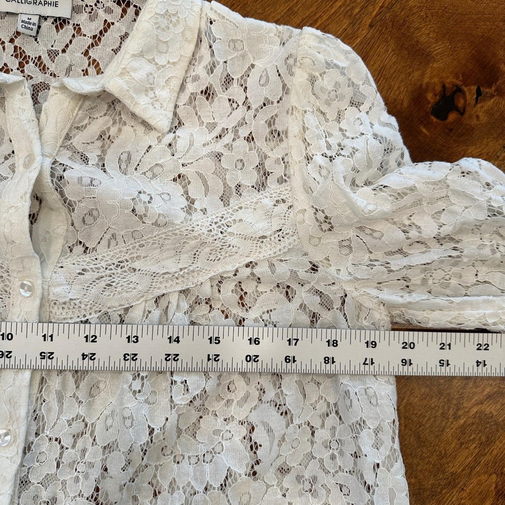 Anthropologie Calligraphie Lace Button Up Shirt Cream‎ Romantic Sheer Blouse M - Picture 11 of 12